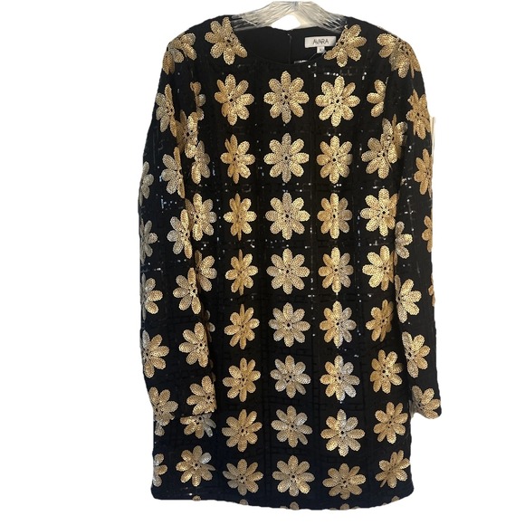 Avari Dresses & Skirts - NEW Avara Black Gold Flower Power Sequin Dress Sz Large